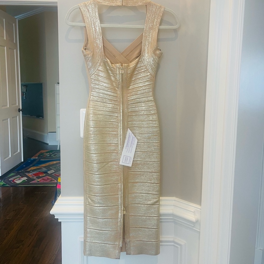 Gold Herve Leger dress, x-small, perfect condition, never worn, tags still on.